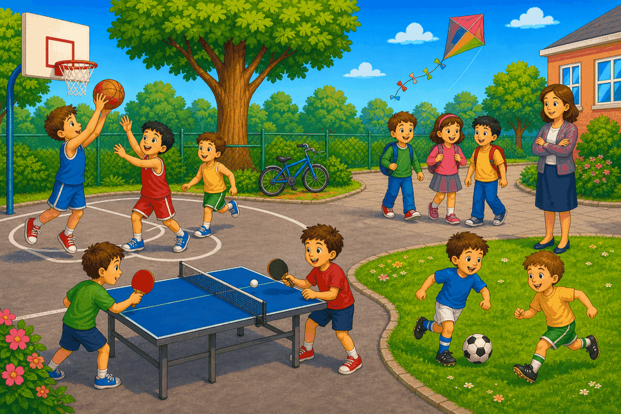 School playground with children playing basketball, football and table tennis, teacher watching, friends walking, bike and kite.