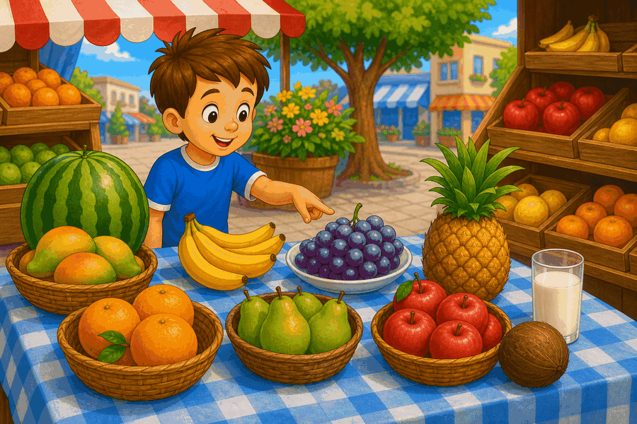 Fruit market table with child, watermelon, mango, banana, grapes, orange, pear, pineapple, coconut, apples and milk.
