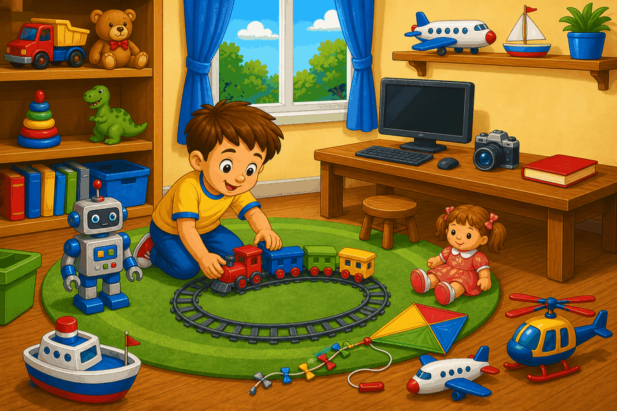 Toy room with robot, doll, boat, plane, train, helicopter, kite, camera between computer and book, and child playing.