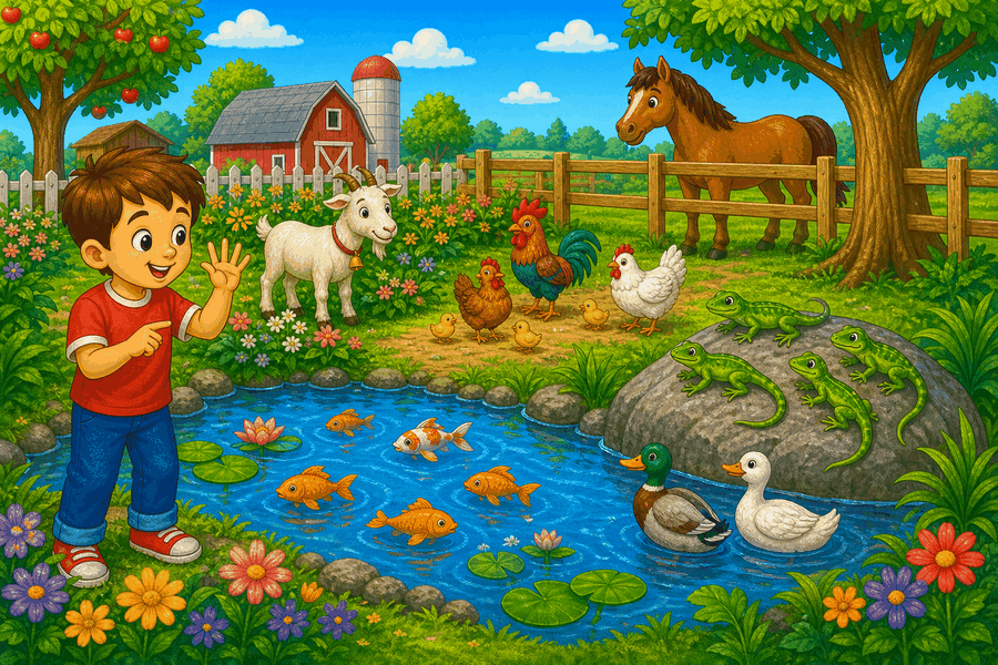 Farm pond with four lizards on rock, goat in flowers, horse by fence, chickens, ducks, fish swimming and boy counting animals.