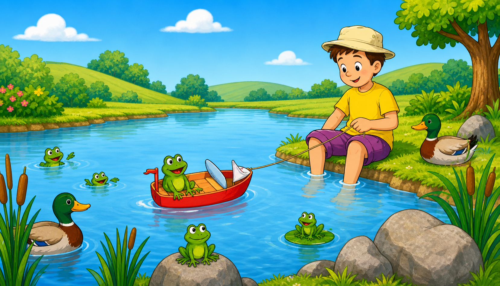 A pond scene with a boy wearing a hat, ducks, frogs, and a red toy boat in the water.