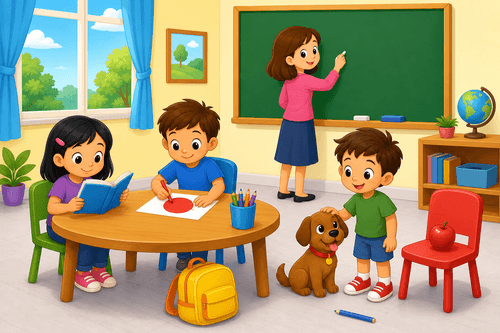 A cartoon classroom with a teacher at the board, children at a table, a dog, a yellow bag, a red apple on a chair, and a blue pencil on the floor.