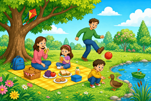 A cartoon picnic in a park with children, a red ball, a blue bag under a tree, a duck, a pond, and a green boat.