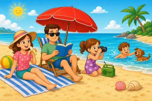 A cartoon beach scene with a family, a red umbrella, a camera, a green radio, shells, a boy and a dog swimming in the sea.
