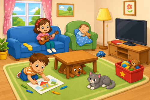 A cartoon living room with children, a sofa, an armchair, a cat on the mat, a dog under the table, a TV, a book, and toys.