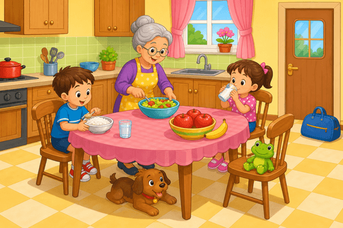 A cartoon kitchen with grandma, two children, food, a dog under the table, a frog toy on a chair, apples, a banana, and a blue bag by the door.