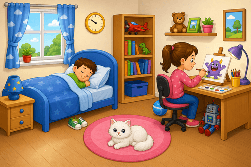 A cartoon bedroom with a sleeping boy, a girl painting, a white cat on a pink mat, a robot under the desk, shoes, a clock, and toys.
