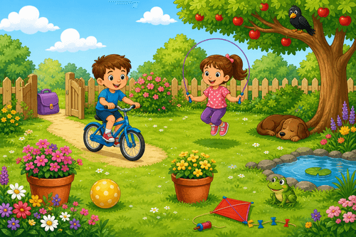 A cartoon garden with a boy on a blue bike, a girl jumping rope, a dog under a tree, a pond, a frog, a red kite, a yellow ball, flowers, and a purple bag.