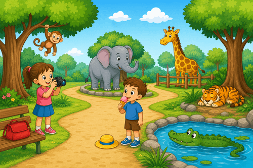 A cartoon zoo with children, an elephant, a giraffe, a monkey, a crocodile in a pond, a sleeping tiger, a yellow hat, and a red bag.