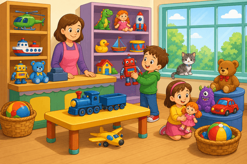 A cartoon toy shop with a shopkeeper, a boy holding a robot, a girl with a doll, a blue train, a plane under the table, balls, toys, and a cat near the door.