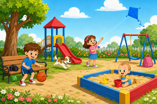 A cartoon playground with a boy playing basketball, a girl flying a blue kite, a baby in a sandbox, a dog near a slide, a duck toy, a green ball, a camera, and a bag near a swing.