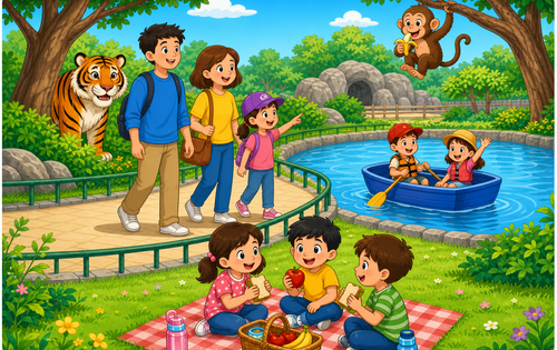 A colorful cartoon scene of a family and children at the zoo