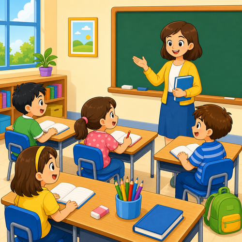 A cartoon classroom with a teacher, board, children, desks, pencils, eraser and school bag
