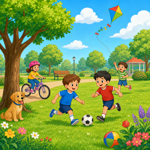 A cartoon park with children playing football, a bike, dog, kite and ball