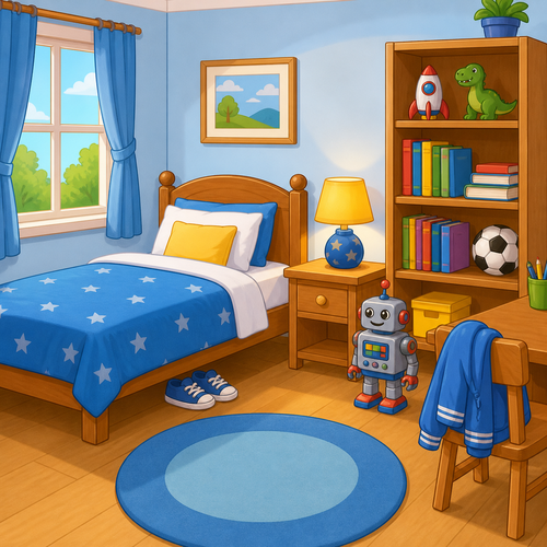 A cartoon bedroom with a bed, lamp, bookcase, robot, shoe and jacket