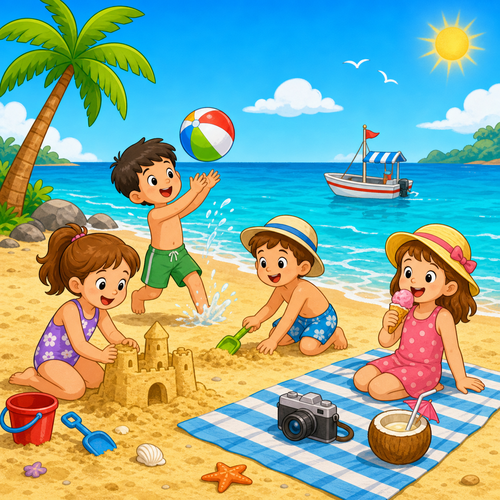 A cartoon beach with children, hat, ice cream, boat, camera and juice