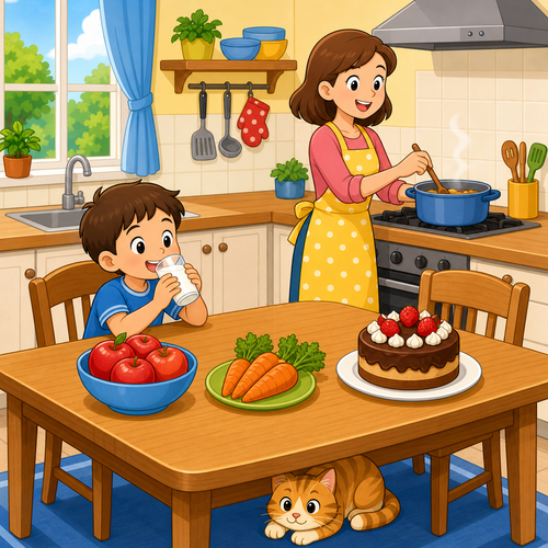 A cartoon kitchen with mother cooking, boy, milk, apple, carrot, cake and cat