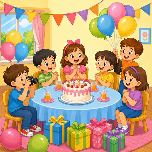 A cartoon birthday party with children, cake, juice, dress, camera and boxes