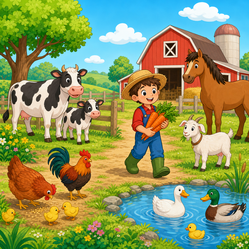 A cartoon farm with cow, horse, ducks, goat, carrots and barn