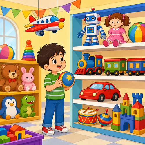 A cartoon toy shop with robot, car, plane, doll, train and ball