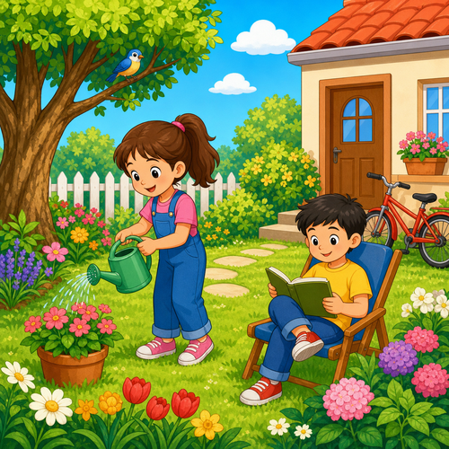A cartoon garden with flowers, bird, water, book, chair, bike and door