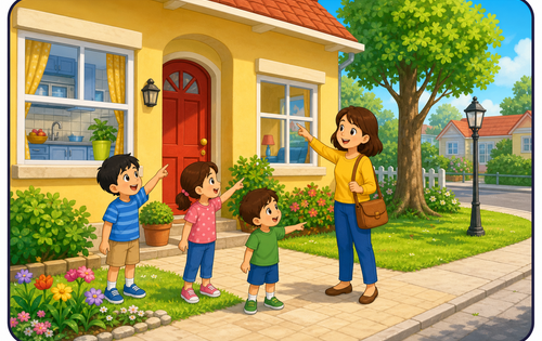 A colorful cartoon scene of children outside a house in Bath Street
