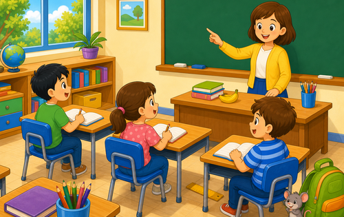 A colorful cartoon scene of children in a classroom