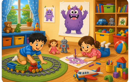 A colorful cartoon scene of children in a monster playroom