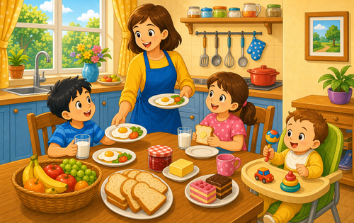 A colorful cartoon scene of family breakfast time