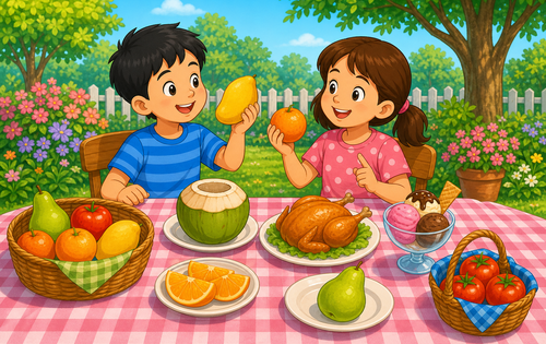 A colorful cartoon scene of children with fruit and food