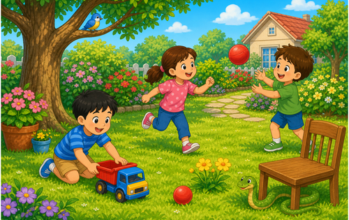 A colorful cartoon scene of children in a garden