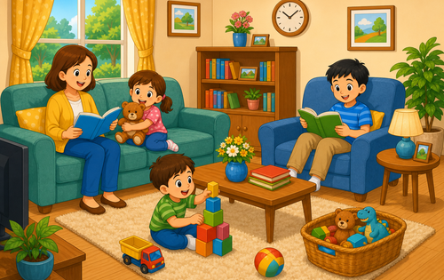A colorful cartoon scene of a family in the living room