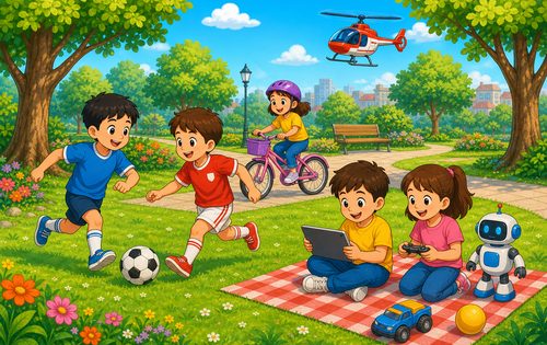 A colorful cartoon scene of children playing games and sports