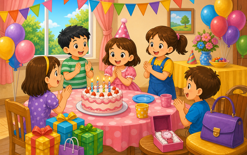 A colorful cartoon scene of a birthday party