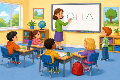 A teacher and five children in a classroom