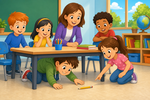 A boy under a table looking for a pencil