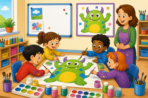 Children painting a friendly monster picture in a classroom