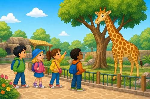 Four children in a zoo with a giraffe next to a tree