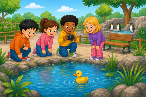 Children at a zoo pond with a duck and a camera
