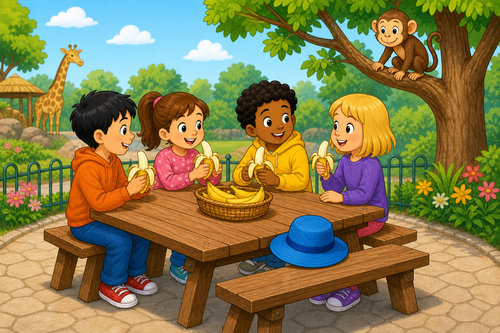 Children eating bananas at a zoo picnic bench