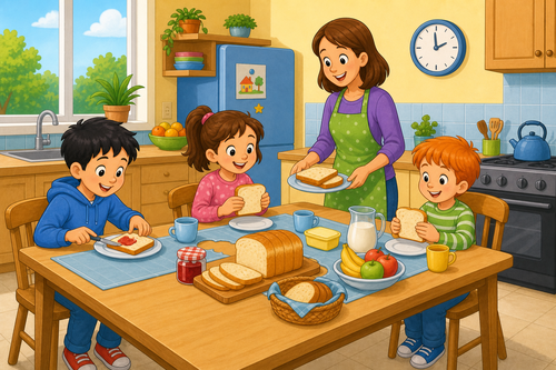 A mother and three children in a kitchen with bread on the table
