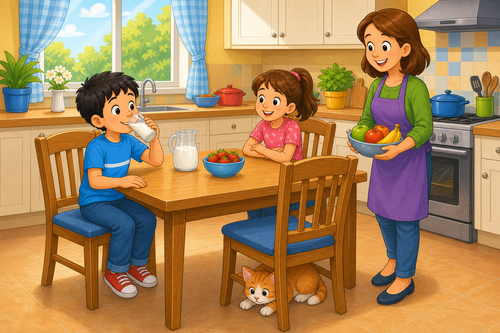 A boy drinking milk and a cat under a chair in the kitchen