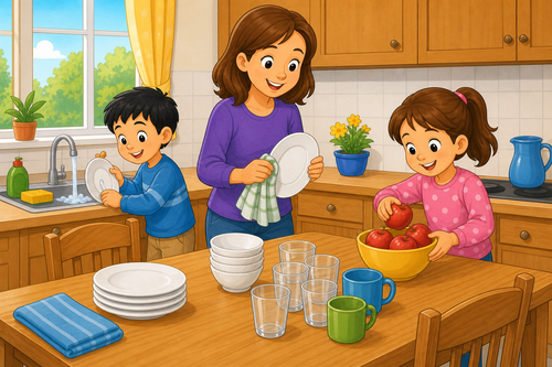 A mother holding a plate while children put apples in a bowl