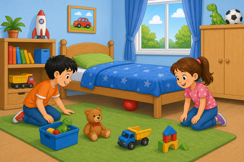Two children in a bedroom with a ball under the bed