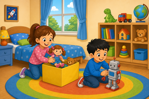 A girl putting a doll in a box and a boy with a robot