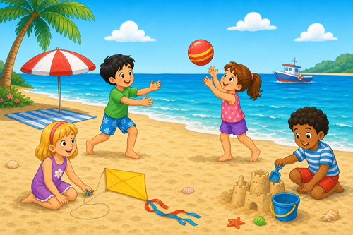 Four children at the beach playing with a ball and a kite