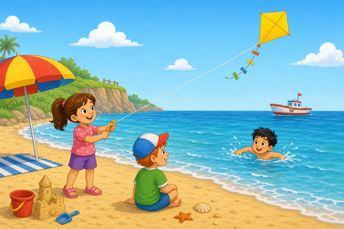 A girl flying a kite and a boy swimming at the beach