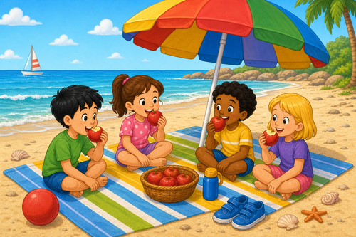 Children eating apples with shoes on the sand