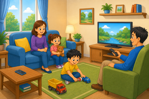 A family with two children in a living room watching television