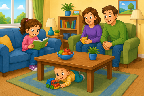 A girl reading a book and a baby under the table